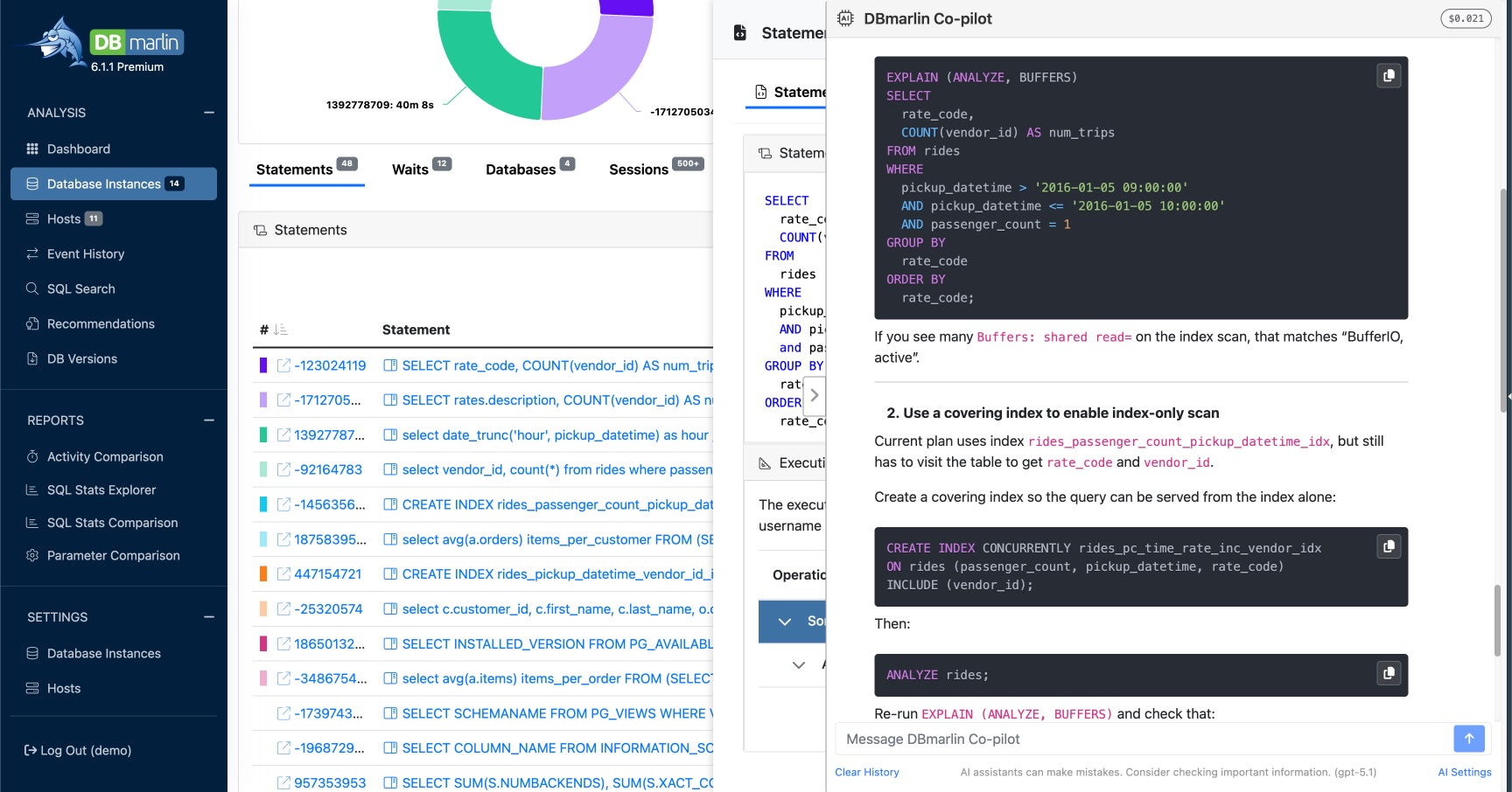 Example showing an index recommendation to avoid a FULL TABLE SCAN