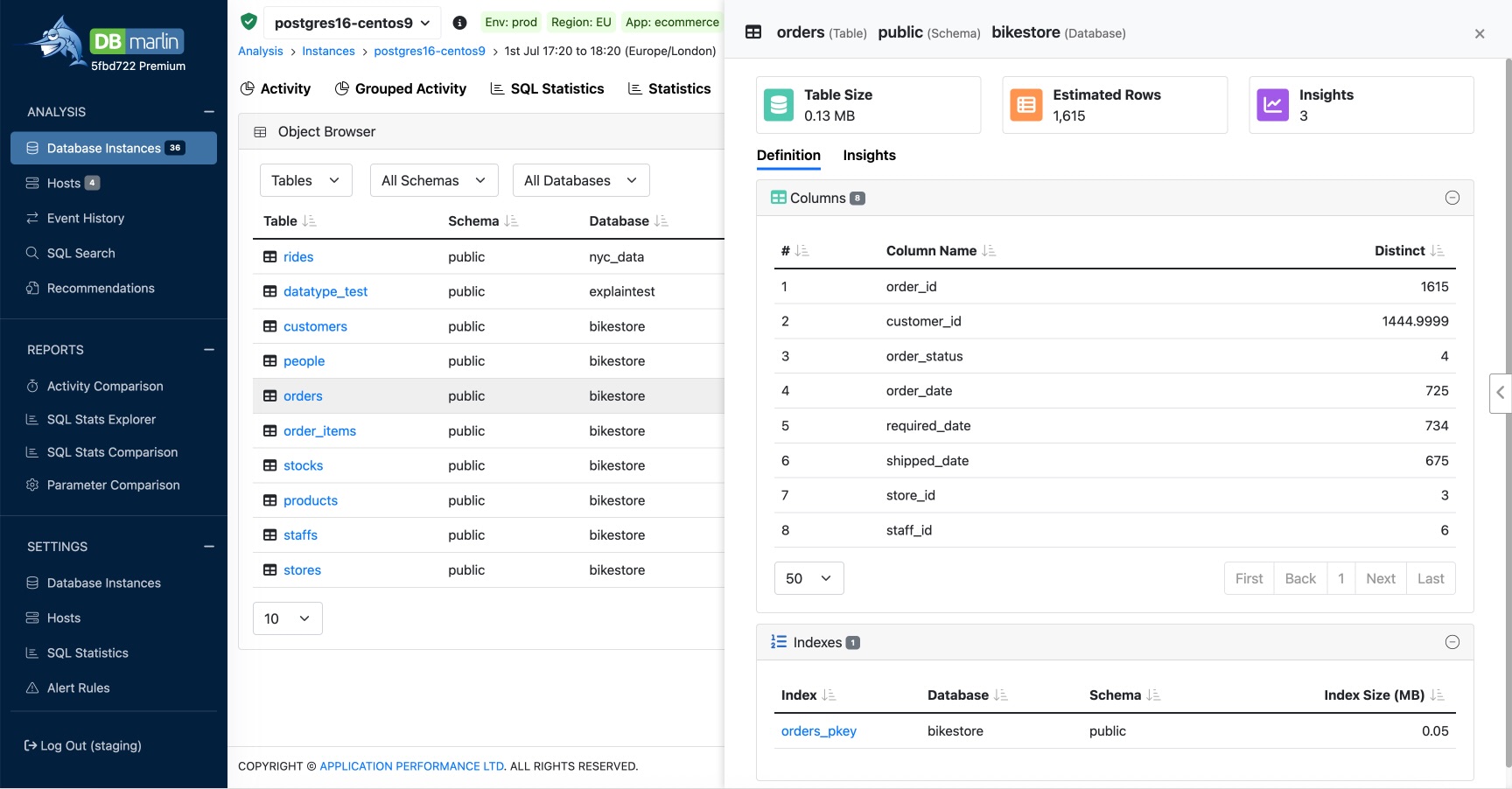 DBmarlin Object browser side panel