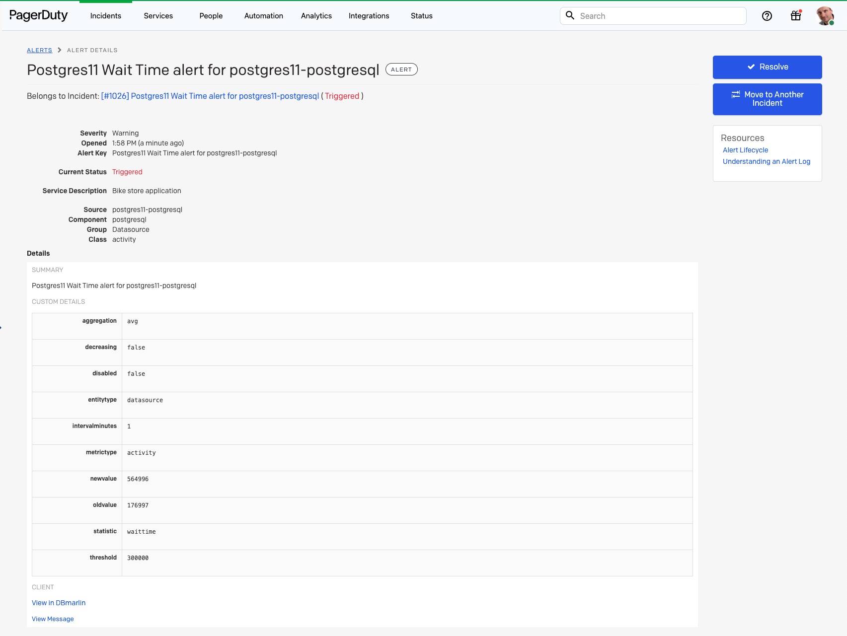 PagerDuty DBmarlin example Datasource alert