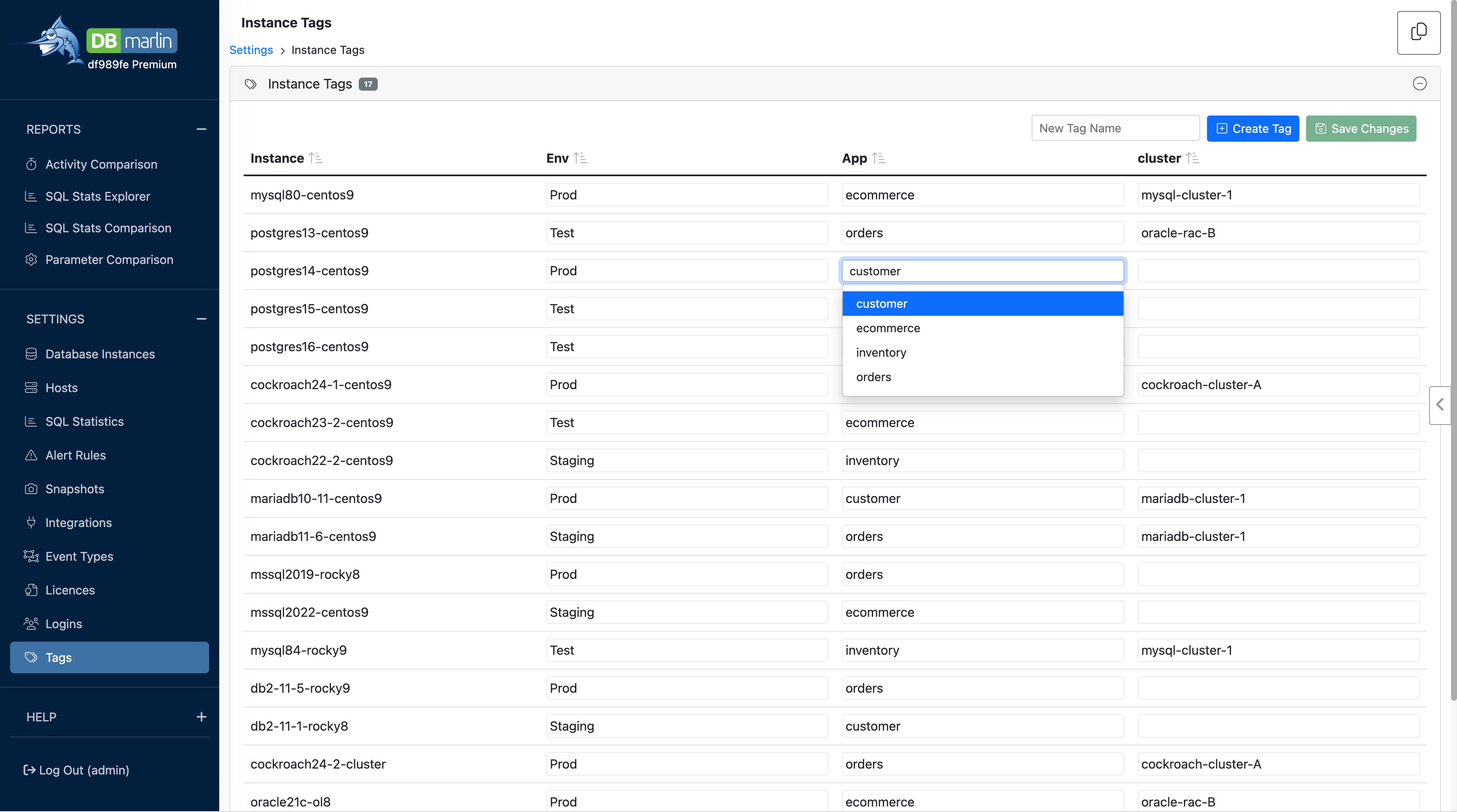 Tag settings screen